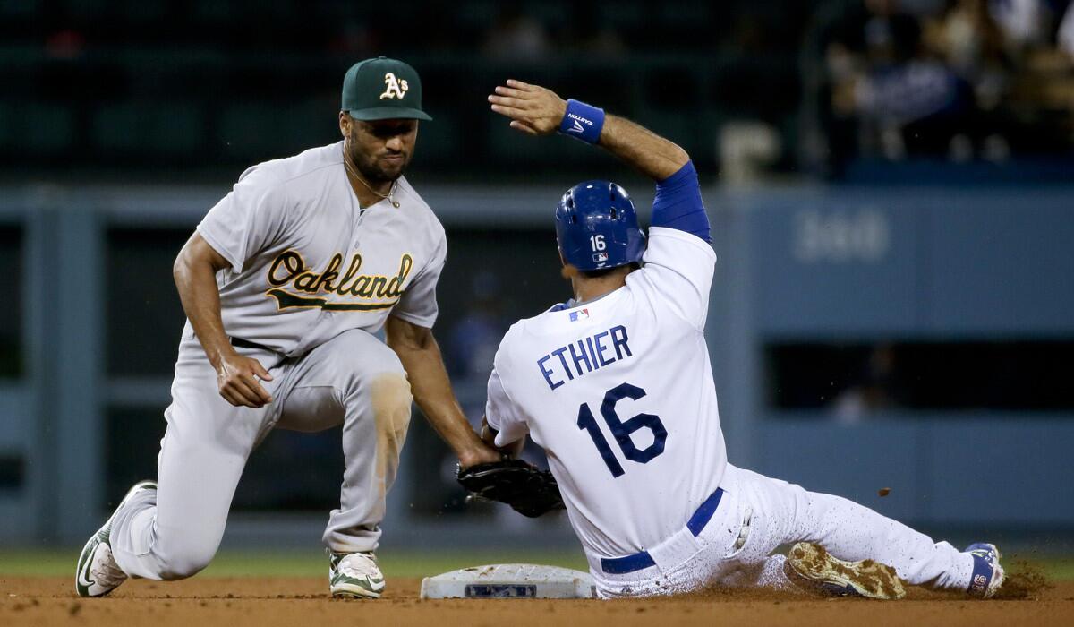 Los Angeles Dodgers' Andre Ethier, right, is tagged out stealing by Oakland Athletics shortstop Marcus Semien during the fifth inning on Tuesday.