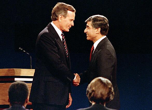 1988: The image of George H.W. Bush towering over his Democratic opponent, Massachusetts Gov. Michael Dukakis, might be the second-most notable contrast in debate history (after the first Nixon-Kennedy debate). What you might remember: At the start of the second meeting  held at UCLAs Pauley Pavilion -- CNN newsman Bernard Shaw asked Dukakis, an opponent of the death penalty, one of the more shocking questions in debate history: Governor, if [your wife] Kitty Dukakis were raped and murdered, would you favor an irrevocable death penalty for the killer? Dukakis bland response sealed his fate in the general election. What you might have forgotten: Just about everything else in the two debates.