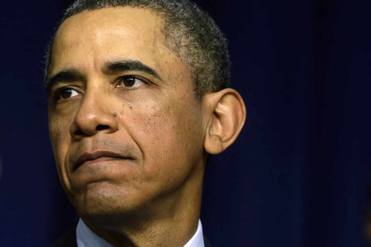 President Barack Obama pauses as he speaks about the sequester in the South Court Auditorium of the Eisenhower Executive Office building on the White House complex in Washington.