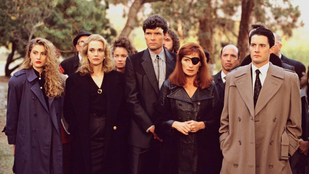 "Twin Peaks" returns to television Sunday night after a 25-year hiatus. Pictured left to right, original cast members Madchen Amick, Peggy Lipton, Everett McGill, Wendy Robie and Kyle MacLachlan will be returning