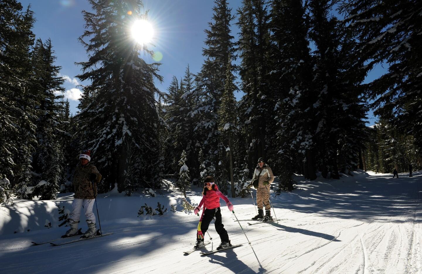 Skiers take advantage of the early snowfall at Mammoth Mountain resort.