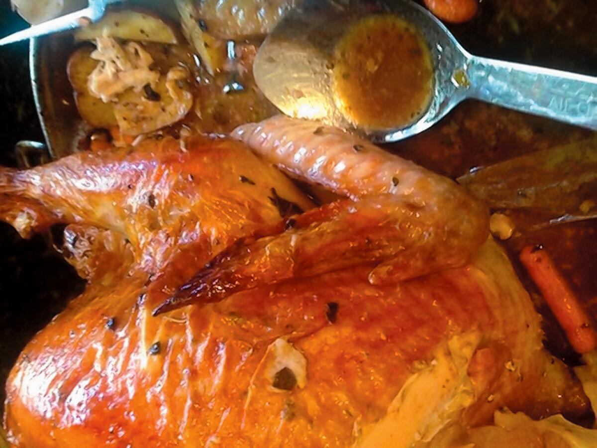 TURKEY TIP — QUESTION: "The turkey skin on my bird always looks flabby and anemic. Any tips?" ANSWER: If yours hasn’t browned nicely toward the end of roasting, simply slather some white vermouth over the skin for a bronzy glaze thanks to the sugars in the fortified wine. Or to ensure a crispy golden skin, generously brush olive oil or melted butter (I prefer goat butter) over the turkey prior to roasting, and remove the tenting from the bird during the last half hour of cooking.