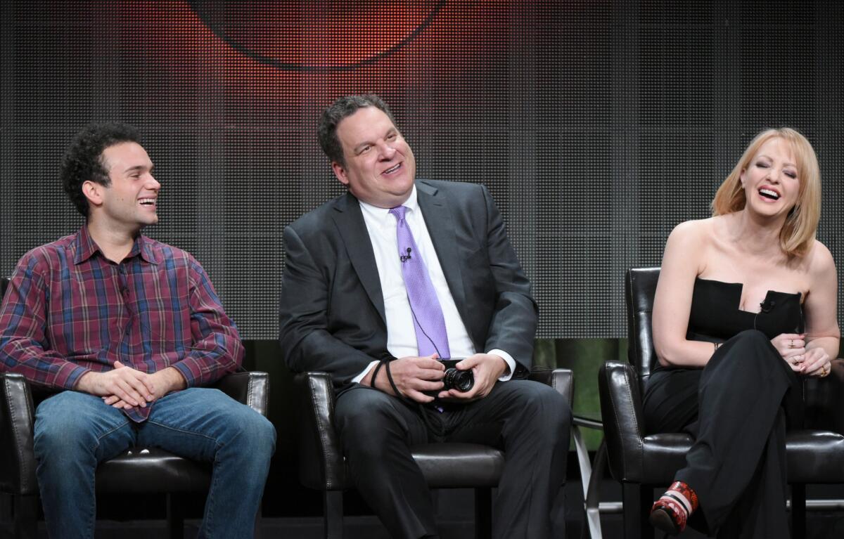 Jeff Garlin, center, appears at the Disney/ABC Summer TCA press tour with his "Goldbergs" co-stars Troy Gentile and Wendi McLendon-Covey on Aug. 4, 2015, in Beverly Hills.