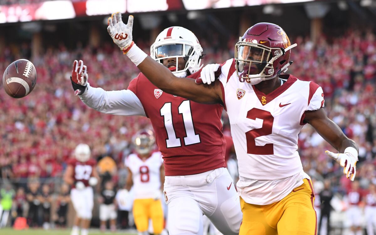 USC receiver Devon Williams can't make the catch as Stanford cornerback Paulson Adebo defends in the second quarter.