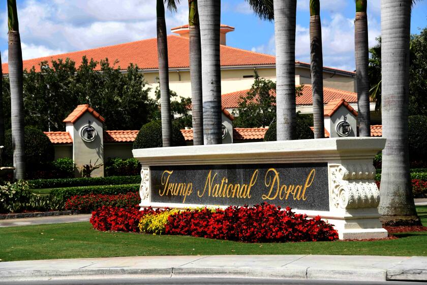 (FILES) This file photo taken on April 03, 2018 shows a view of the entrance of Trump National Doral in Miami, Florida. - US President Donald Trump has awarded hosting of the next G7 summit to one of his own Florida golf clubs, the White House said on Thursday, sparking accusations of corruption from the lawmakers and activists. The Trump National Doral Golf Club in Miami was "the best place" among a dozen possible US venues for the June 10-12 gathering next year, acting chief of staff Mick Mulvaney told reporters at the White House. (Photo by Michele Eve Sandberg / AFP) (Photo by MICHELE EVE SANDBERG/AFP via Getty Images) ** OUTS - ELSENT, FPG, CM - OUTS * NM, PH, VA if sourced by CT, LA or MoD **