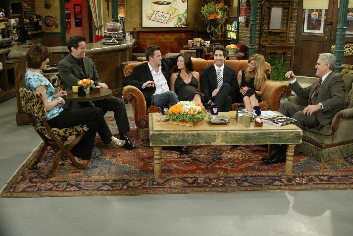 The cast of the TV show "Friends" sits down with Jay Leno for a special "Tonight Show," on the set of Central Perk, the "Friends" fictional coffee shop, in Burbank in May 2004. The set is part of the Warner Bros. expanded backlot tour.