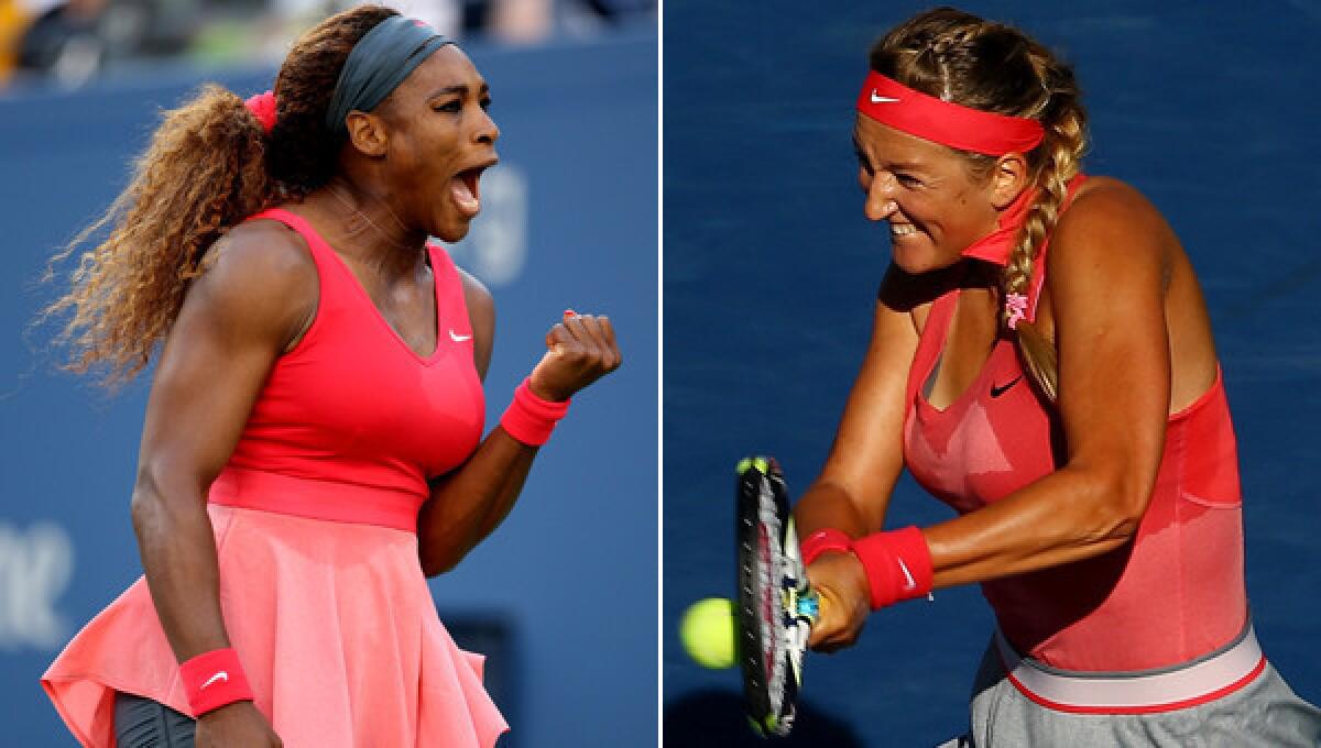Serena Williams, left, and Victoria Azarenka will meet in the U.S. Open women's singles final on Sunday.
