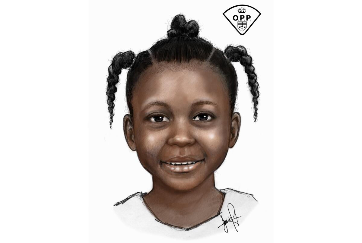 This image provided by the Toronto Police Service and Ontario Provincial Police shows a composite sketch of a little girl whose body was found in a dumpster and whom authorities are trying to identify. The remains of the Black girl, between 4 and 7 years old, were found in a construction bin outside a Dale Avenue home in Toronto’s wealthy Rosedale neighborhood on May 2, 2022. (Toronto Police Service via AP)