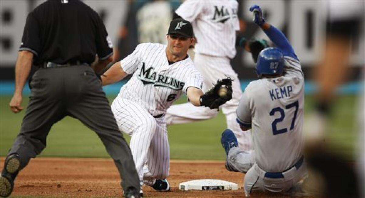 Los Angeles Dodgers , left to right, Juan Pierre, Matt Kemp, and