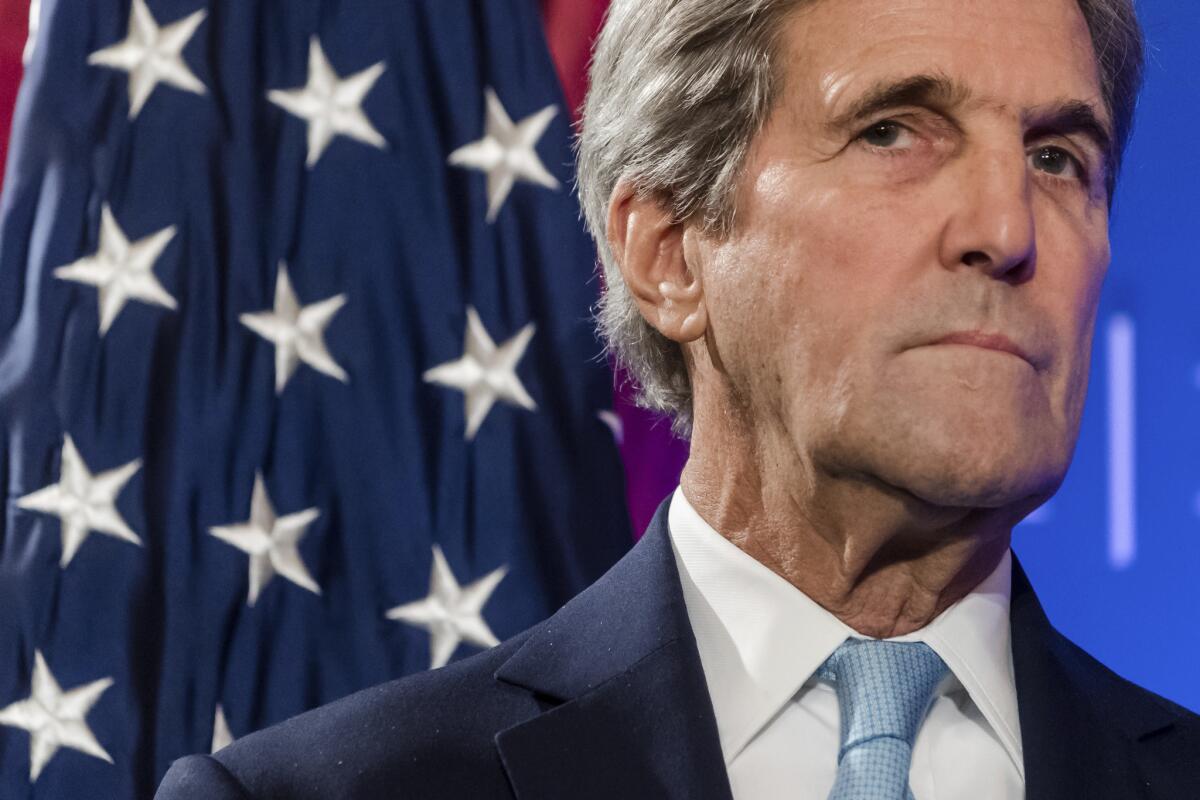 U.S. Secretary of State John Kerry pauses during a speech in Brussels on Oct. 4.