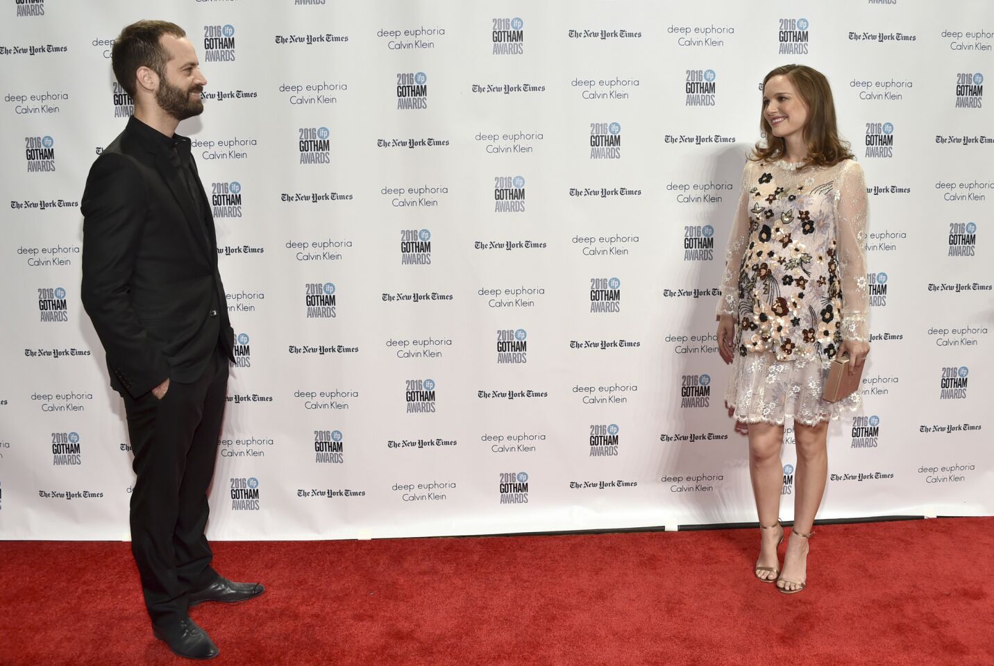 Benjamin Millepied, left, and Natalie Portman attend the 26th Gotham Independent Film Awards at Cipriani Wall Street in New York.