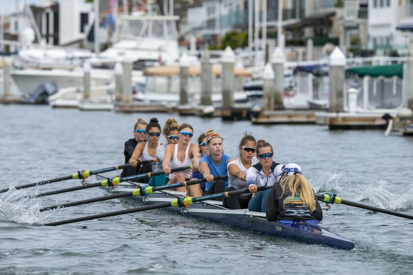 Newport Beach, CA - May 31: Coxswain Hannah Hykes, from Corona del Mar, and CDM's Millie Clark, in the stroke seat, lead their team on a practice on Wednesday, May 31, 2023 in Newport Bay, CA. (Scott Smeltzer / Daily Pilot)