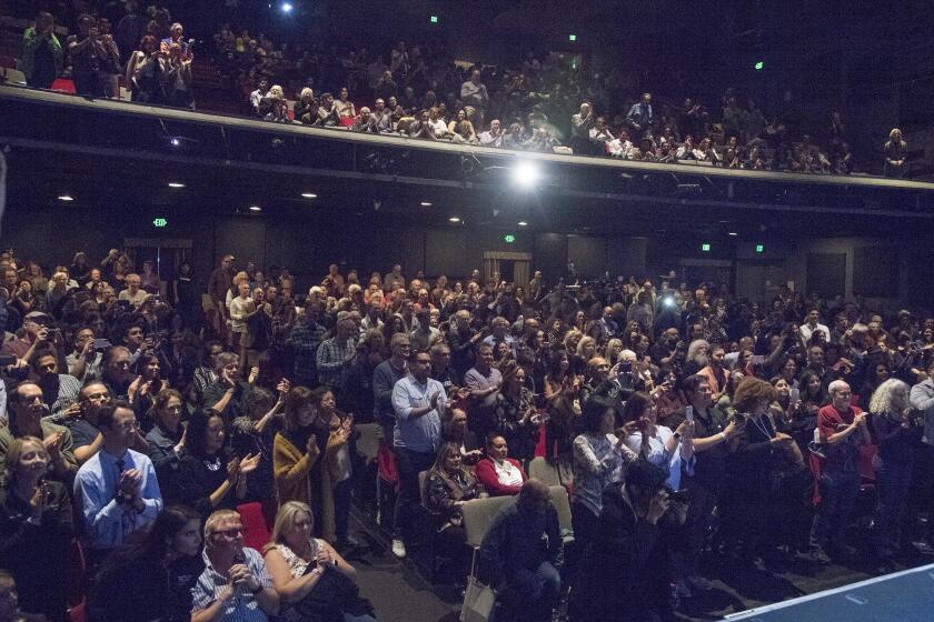 Los Angeles, CA - October 28, 2019 - A full house gives "Pain And Glory," actor Antonio Banderas and director Pedro Almodovar a standing ovation following the Los Angeles Times Envelope Live screening of the movie. (Photo by Ana Venegas)