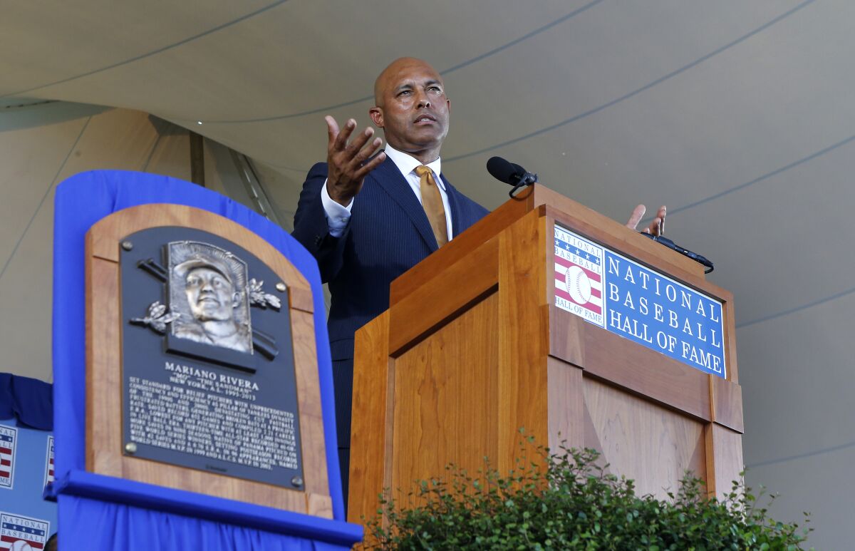 Yankees closer Mariano Rivera gives his speech during the Baseball Hall of Fame induction ceremony at Clark Sports Center on July 21, 2019, in Cooperstown, N.Y.