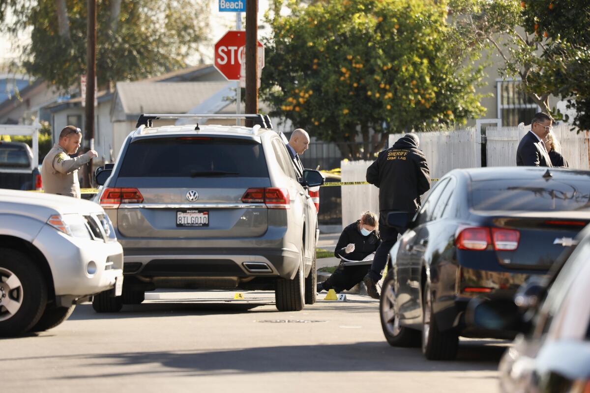 Police and investigators at a crime scene near parked cars on a street