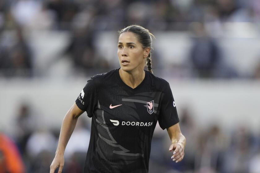 Angel City FC's Katie Johnson (33) plays against Bay FC during an NWSL soccer match, Sunday, March 17, 2024, in Los Angeles. (AP Photo/Doug Benc)