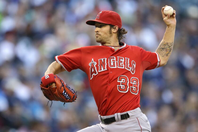 Angels pitcher C.J. Wilson had a strong six-inning start against Seattle on Saturday, allowing one run and four hits, walking three and striking out two.