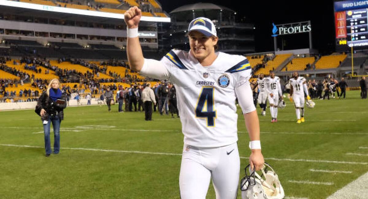 Chargers kicker Michael Badgley celebrates following a 33-30 win over the Pittsburgh Steelers on Dec. 2.