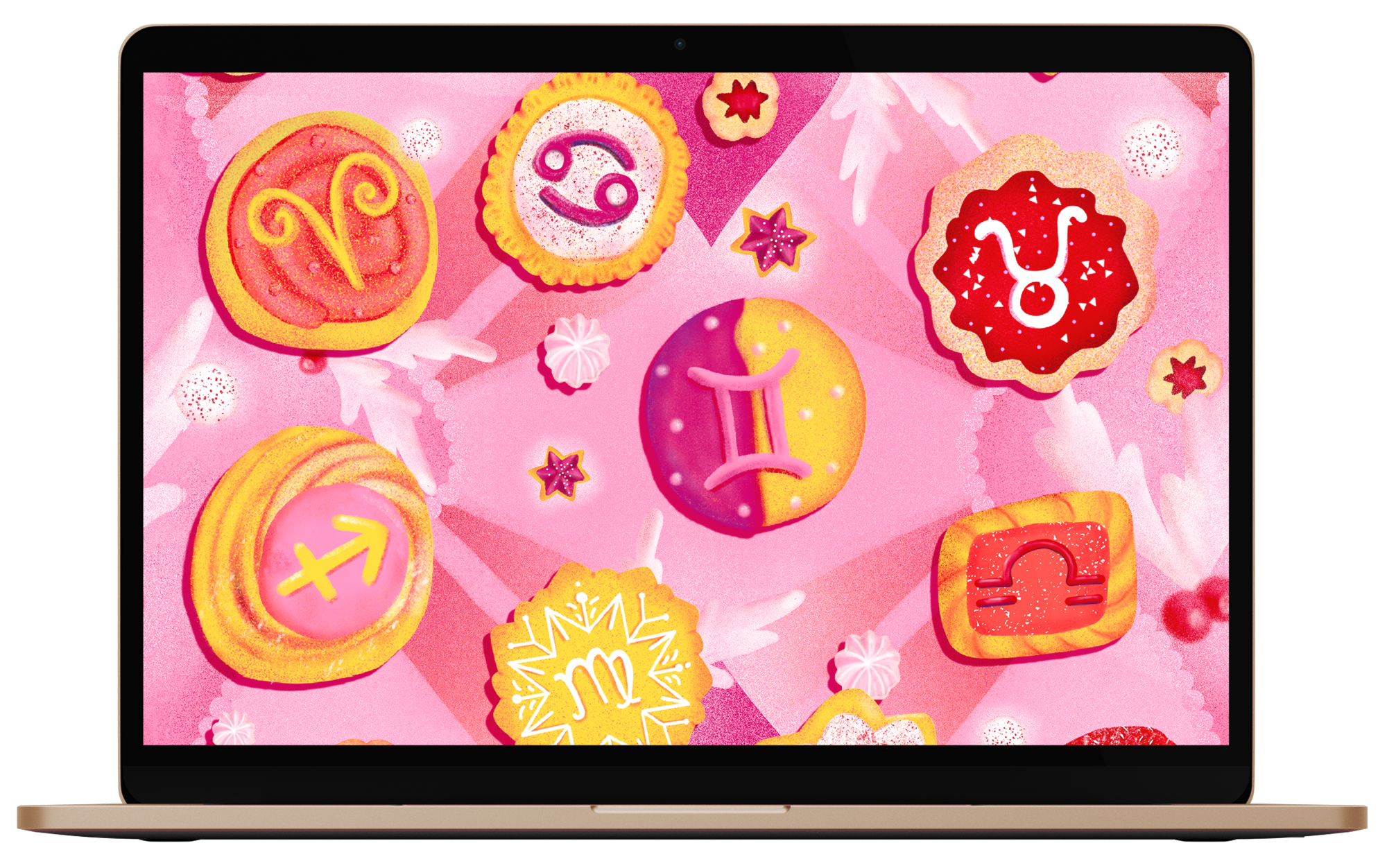Wallpaper on a laptop of Christmas cookies decorated with astrological signs. 