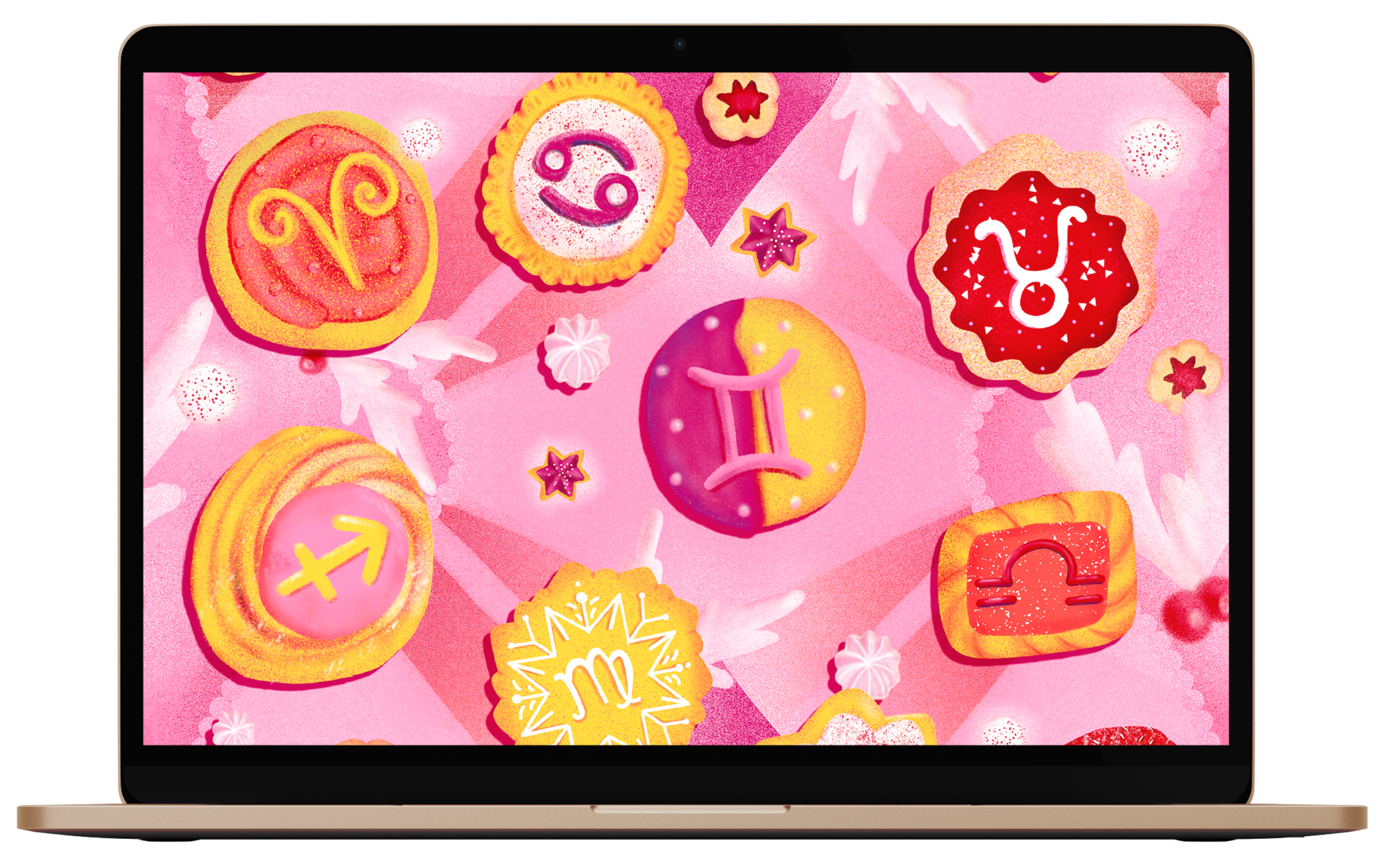 Wallpaper on a laptop of Christmas cookies decorated with astrological signs.