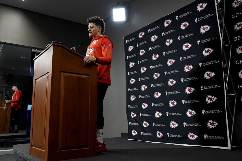Kansas City Chiefs quarterback Patrick Mahomes talks to the media before an NFL football workout Thursday, Feb. 2, 2023, in Kansas City, Mo. The Chiefs are scheduled to play the Philadelphia Eagles in Super Bowl LVII on Sunday, Feb. 12, 2023. (AP Photo/Charlie Riedel)