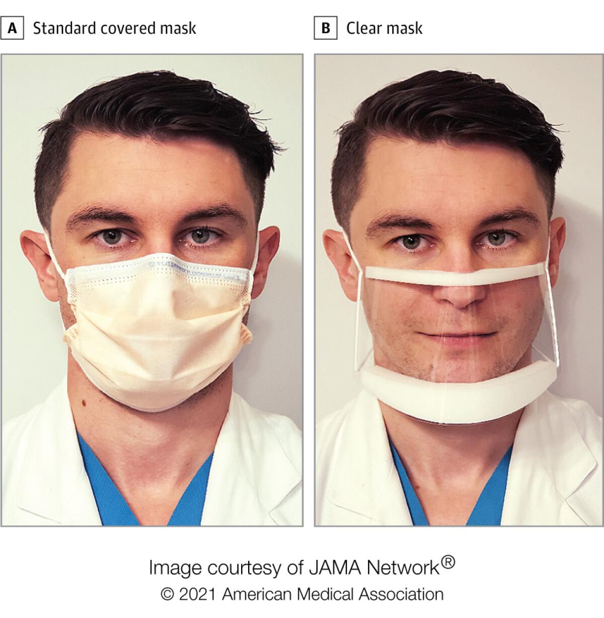 A doctor wears traditional, left, and clear face masks