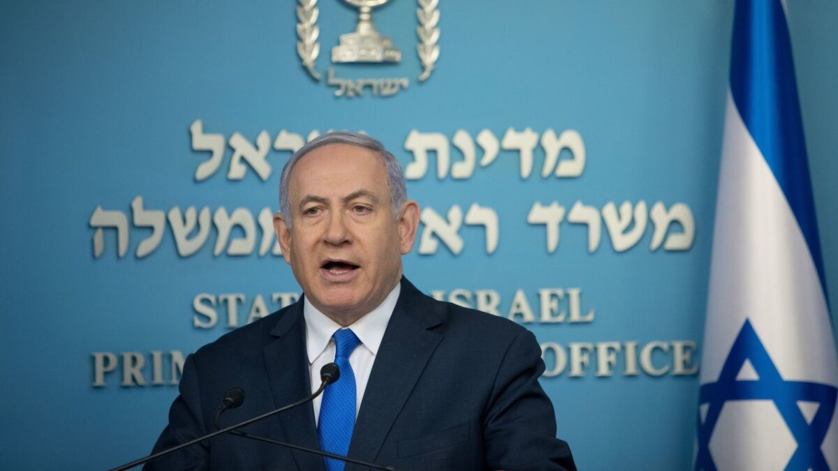 Israeli Prime Minister Benjamin Netanyahu addresses the media at his office in Jerusalem on April 3, 2019.