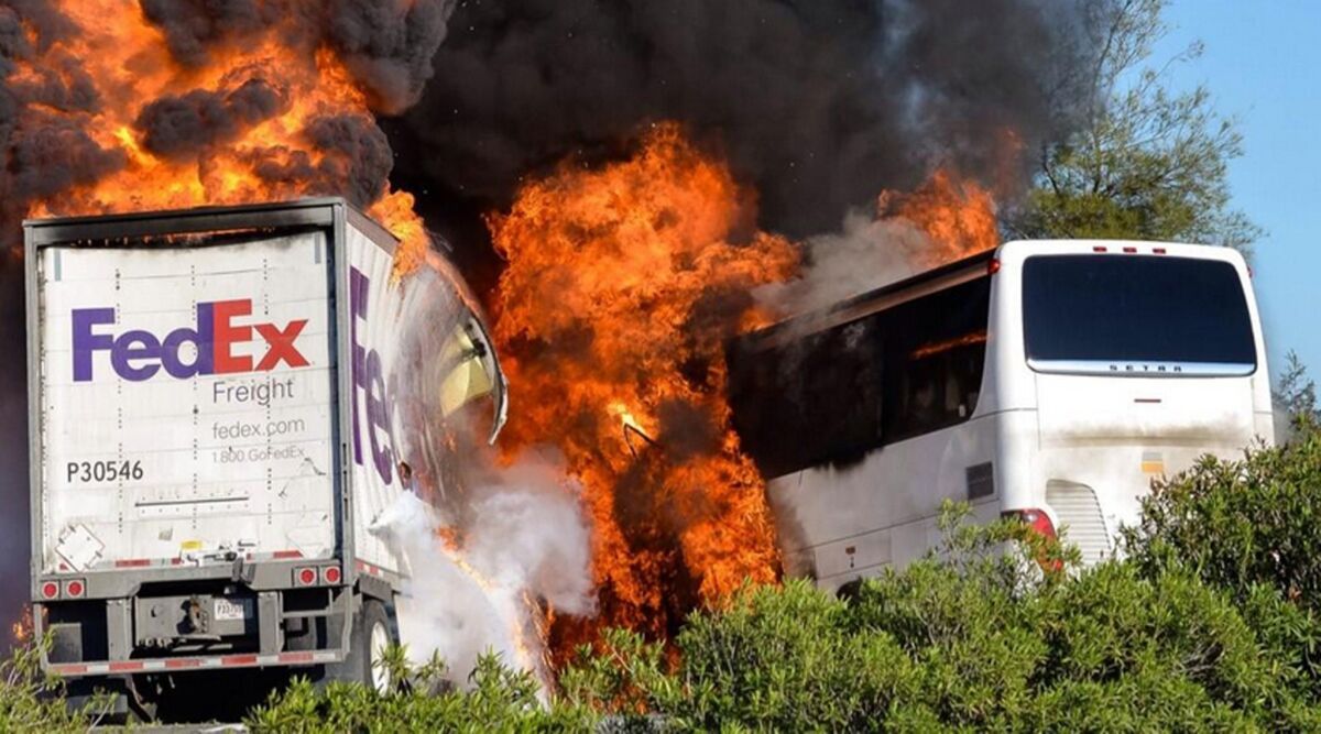 Flames engulf the vehicles just after a head-on crash near Orland, Calif., involving a FedEx truck and a bus carrying Los Angeles-area high school students on a visit to a college.
