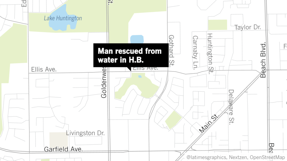 Huntington Beach emergency crews rescued a man Wednesday who slipped in ankle-deep water near Ashley Drive and Ellis Avenue and drifted toward a drain pipe, according to authorities.