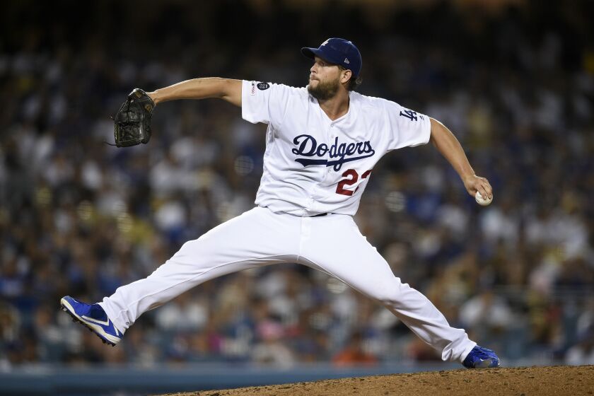 Los Angeles Dodgers starting pitcher Clayton Kershaw pitches during the fifth inning of a baseball game against the San Francisco Giants in Los Angeles, Friday, Sept. 6, 2019. (AP Photo/Kelvin Kuo)