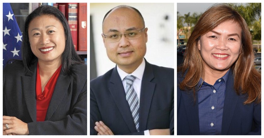 Janet Nguyen, left, was the top vote-getter in Tuesday's primary election for the 72nd Assembly District seat. On Wednesday, incumbent Tyler Diep, center, held the second spot on the November ballot, leading Diedre Nguyen, right.