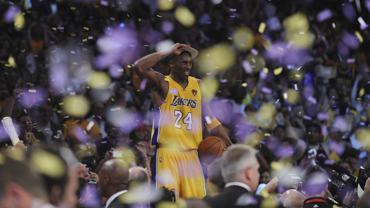 Kobe Bryant celebrates after the Lakers' victory over the Boston Celtics in Game 7 of the 2010 NBA Finals at Staples Center on June 17, 2010.