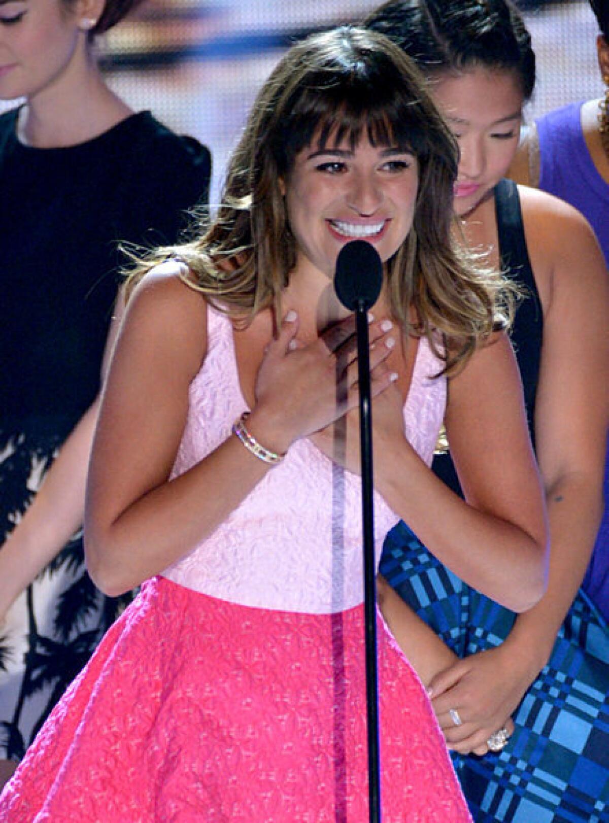 Actress Lea Michele thanked fans for their support following the death of "Glee" co-star and boyfriend Cory Monteith, on stage at the Teen Choice Awards at the Gibson Amphitheater. It was her first public appearance since his death.