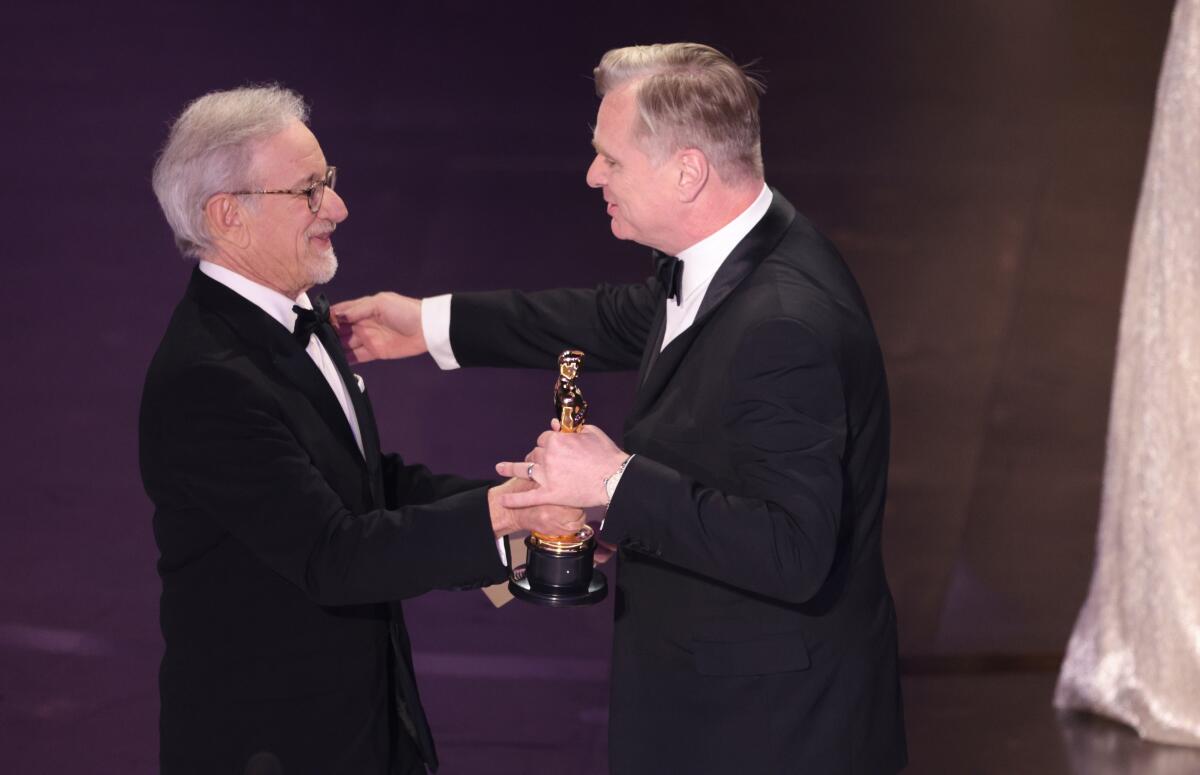 Hollywood, CA - March 10: Chirstopher Nolan and Steven Spielberg during the live telecast of the 96th Annual Academy Awards in Dolby Theatre at Hollywood & Highland Center in Hollywood, CA, Sunday, March 10, 2024. (Myung J. Chun / Los Angeles Times)