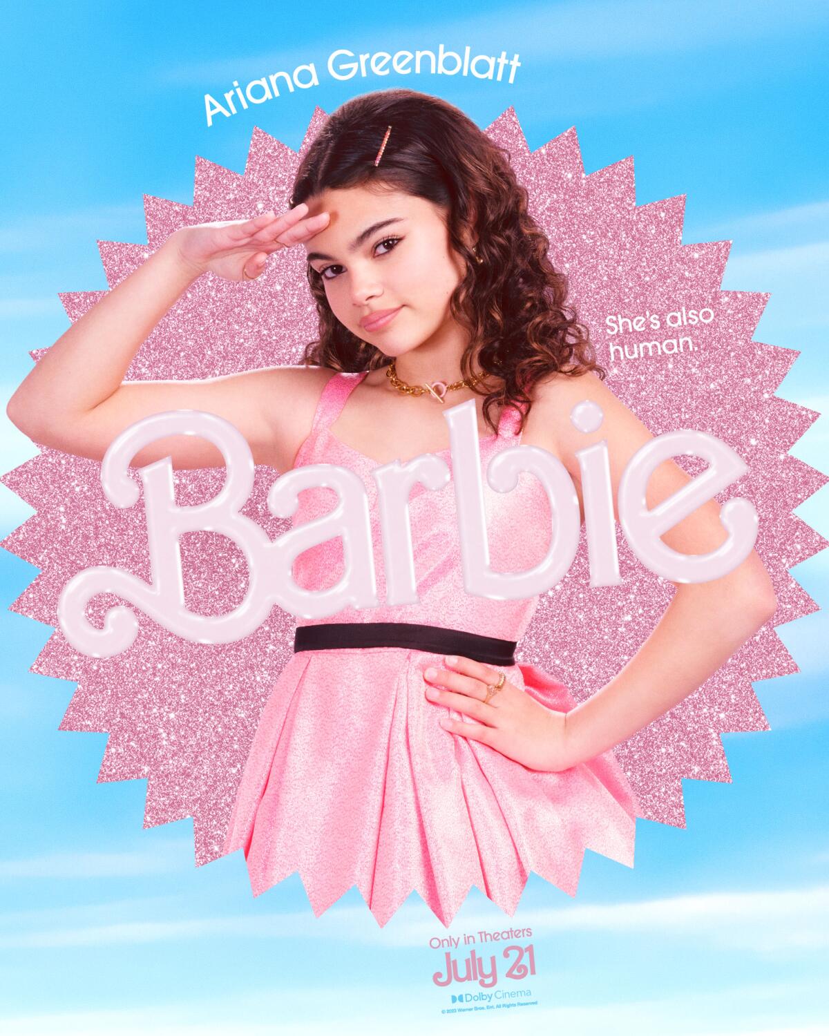 Ariana Greenblatt salutes and places her hand on her hip in a "Barbie" movie poster. She wears a pink dress.
