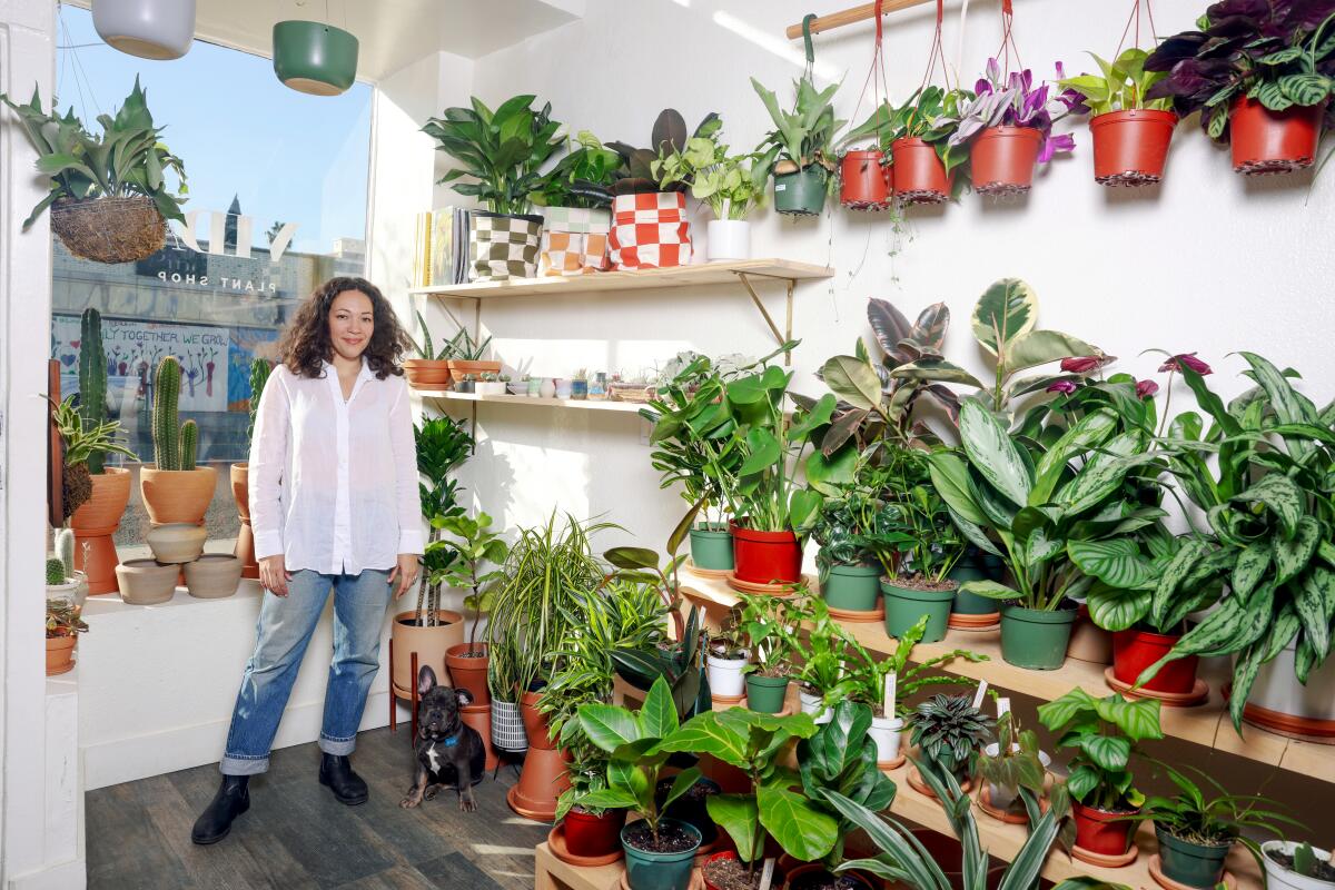 Sasha Pace wears a white top and jeans as she stands next to her black French bulldog and potted green plants in her shop.
