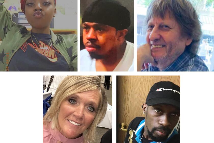 This combination of photos provided by the Chesapeake, Va., Police Department shows top from left, Tyneka Johnson, Brian Pendleton and Randy Blevins, and, bottom from left, Kellie Pyle and Lorenzo Gamble, who Chesapeake police identified as victims of a shooting that occurred late Tuesday, Nov. 22, 2022, at a Walmart in Chesapeake. (Chesapeake Police Department via AP)