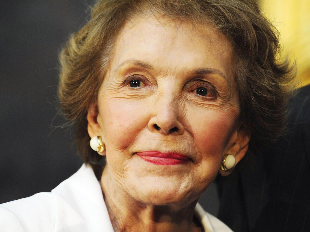 This file photo taken on June 02, 2009 shows former first lady Nancy Reagan at the unveiling of a statue of her husband, President Ronald Reagan, in Washington, DC.