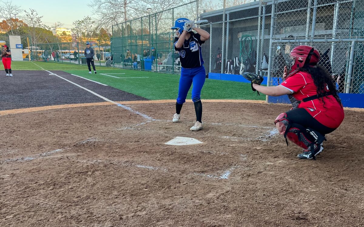 The La Jolla Country Day School Torreys (in blue) take on the La Jolla High School Vikings during a recent softball game.