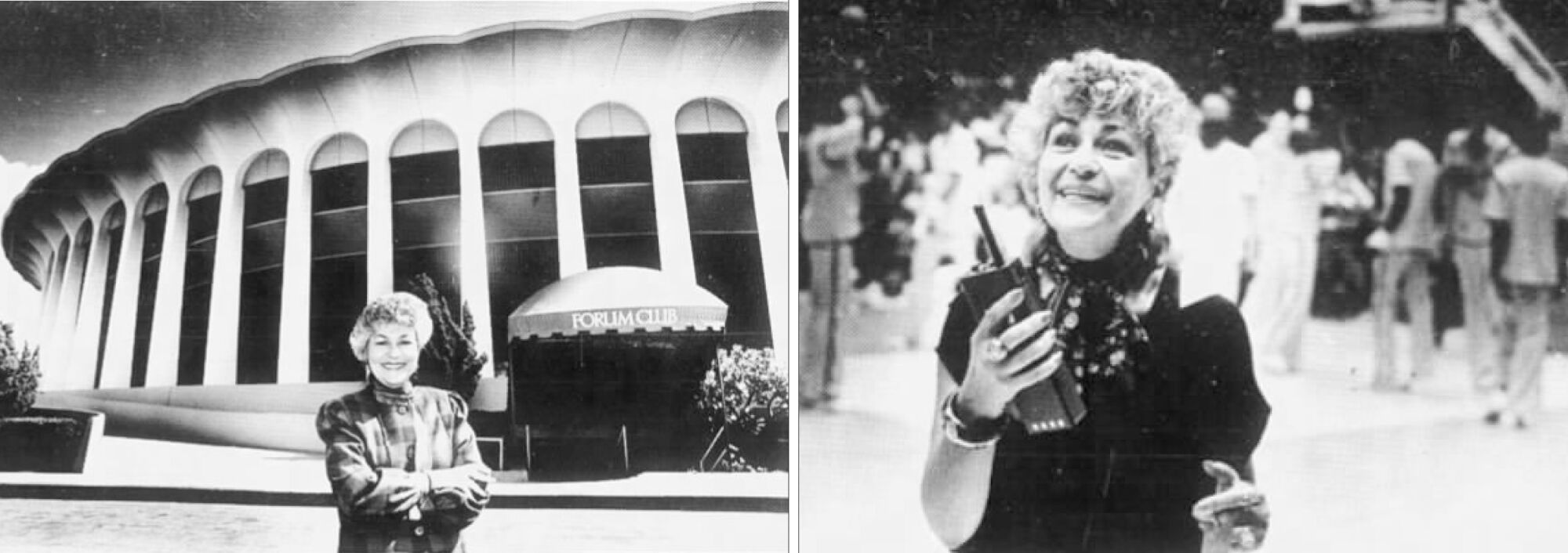 A diptych of a woman outside the Forum, left, and on the parquet floor, right
