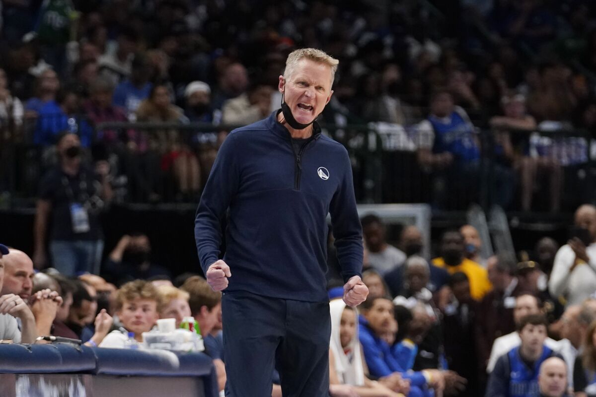 Warriors head coach Steve Kerr yells from the sideline during the first half of Game 4 in the Western Conference finals.