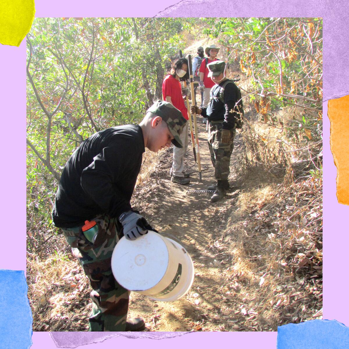 People, wearing gloves and caps, hold garden hoes. In the foreground, one person pours from a bucket.