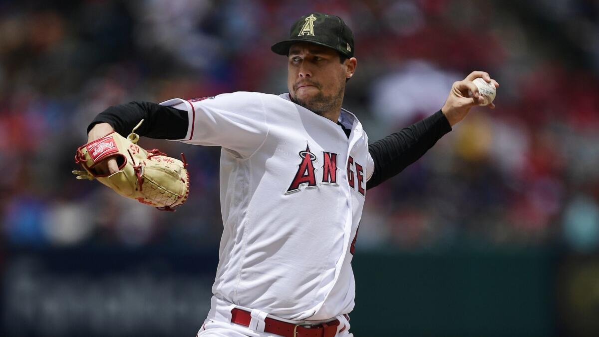 Angels starting Tyler Skaggs delivers during the first inning against the Kansas City Royals.