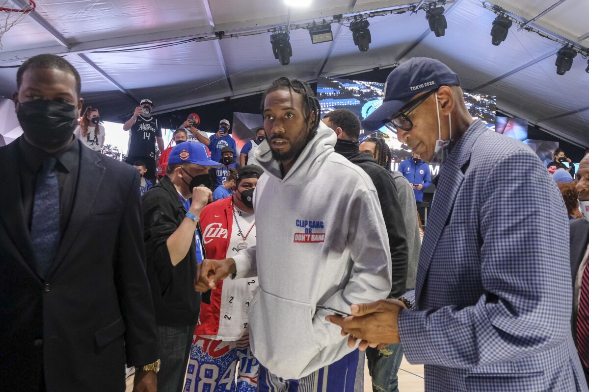 Clippers star Kawhi Leonard attends the Intuit Dome groundbreaking ceremony in Inglewood on Sept. 17.