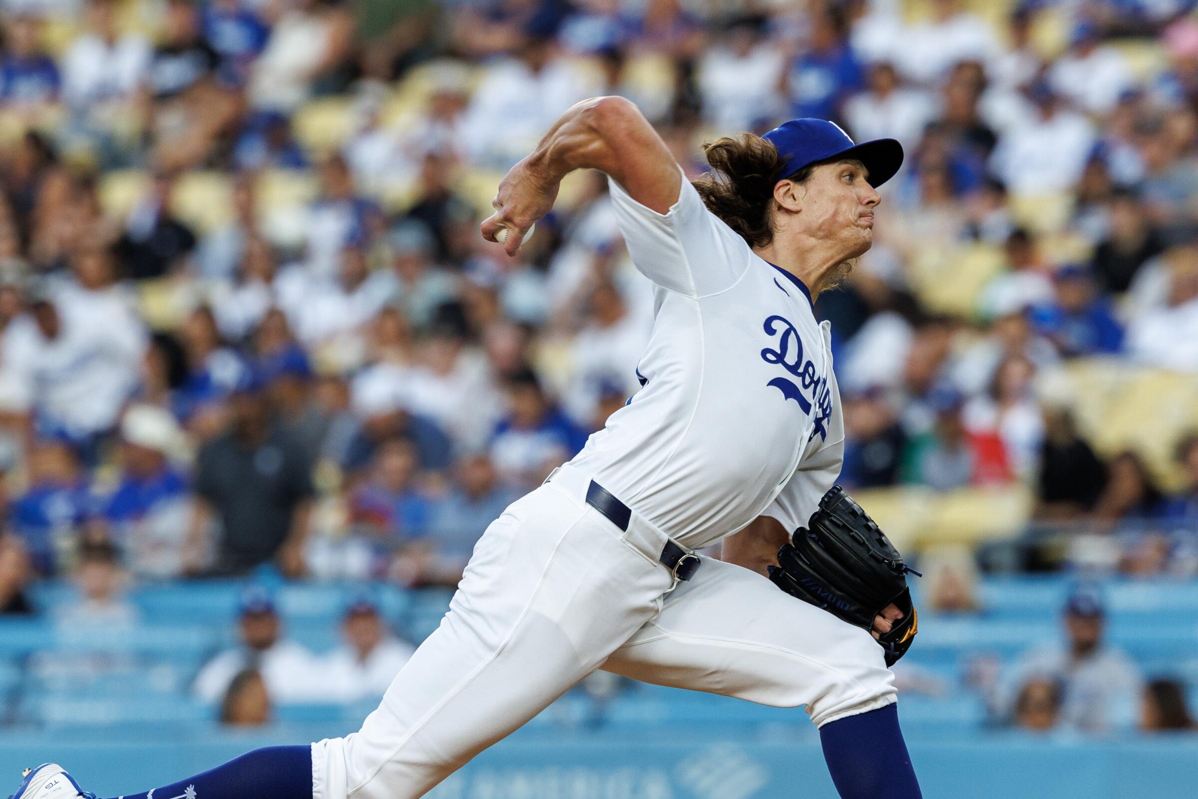 Dodgers pitcher Tyler Glasnow throws the ball from the mound against the San Francisco Giants.
