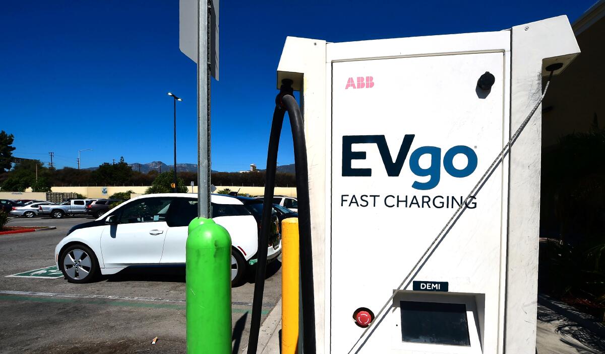 An electric vehicle charging station at a parking lot in Duarte, California.