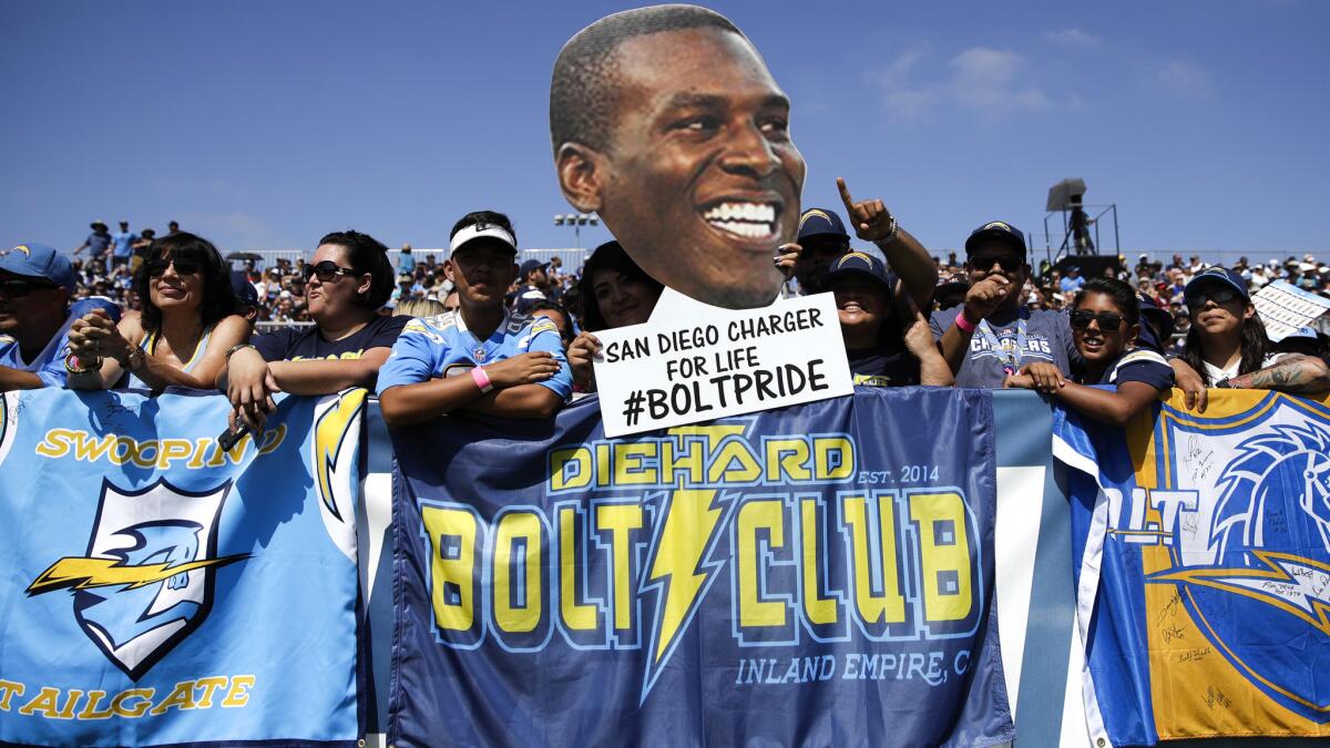 Chargers fans hold up a poster of tight end Antonio Gates while watching the team's first workout of training camp.