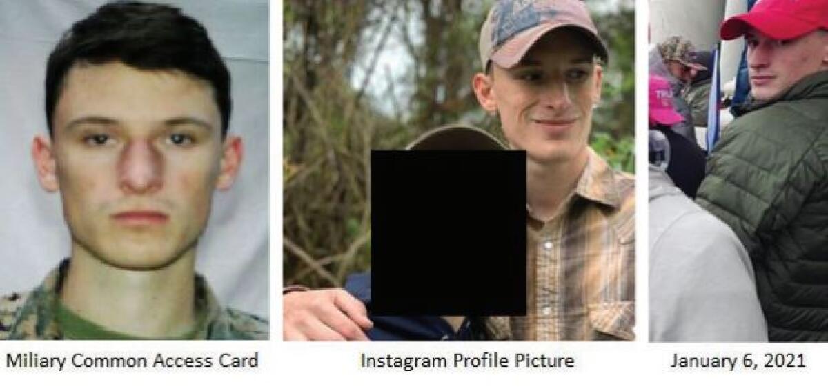 Side-by-side photos of a man in his military ID, Instagram photo and inside the Capitol