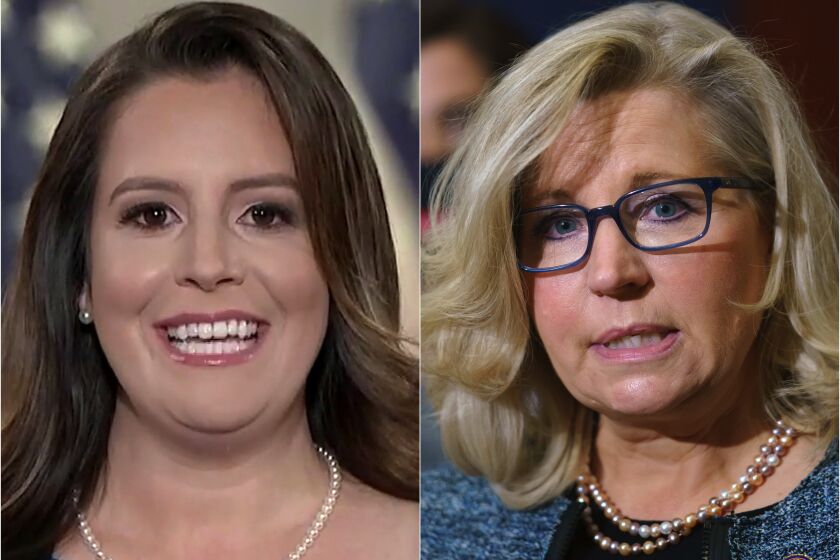 Rep. Elise Stefanik (R-N.Y.), left and Rep. Liz Cheney (R-WY). Cheney faces ouster from her No. 3 post in the House GOP leadership over her criticism of former President Trump.