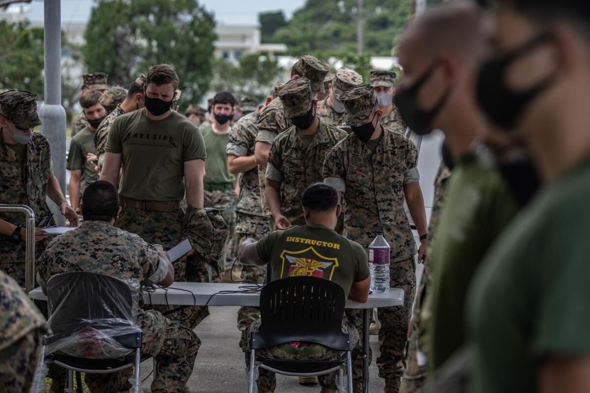 Men in camouflage and khaki T-shirts and masks line up at a table.